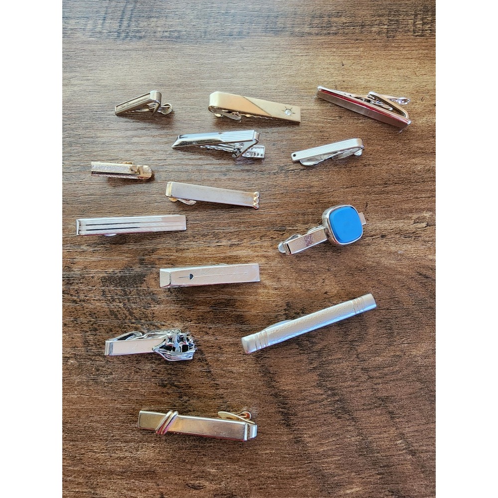 Vintage Tie Clip Lot 13pc Hickok Foster Silver Gold Tone Mid Century Modern Mens